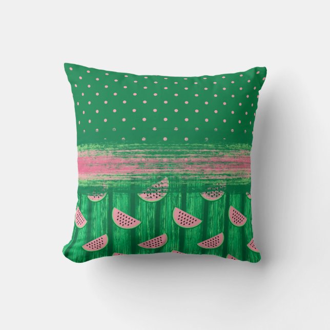 Pink Green Polka Dot Watermelon Throw Pillow (Front)
