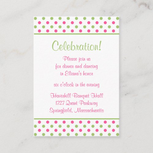 Pink Green Polka Dots Bat Mitzvah Reception Card Business Card