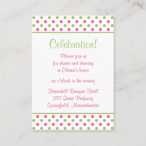 Customizable Pink Green Polka Dots Bat Mitzvah Reception Card Business Card
