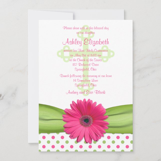 Pink Green Polka Dots First Communion Invitation (Front)