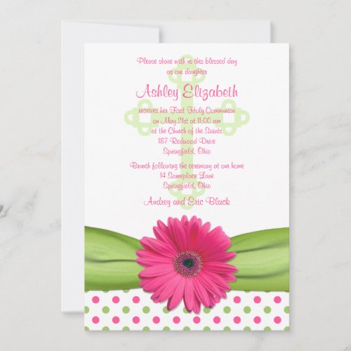 Pink Green Polka Dots First Communion Invitation