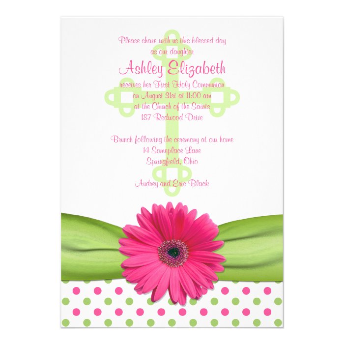 Pink Green Polka Dots First Communion Invitation