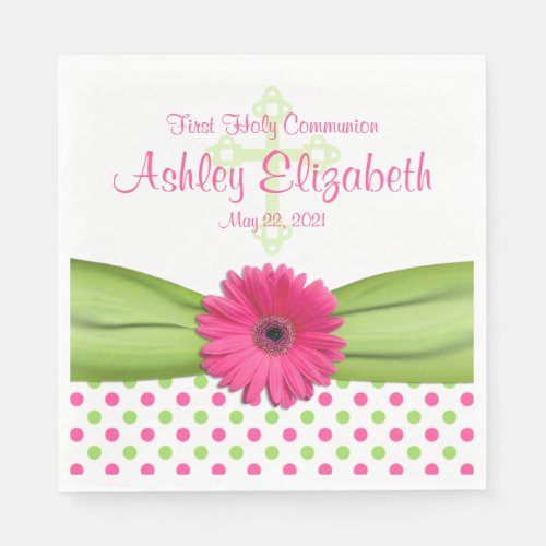 Pink Green Polka Dots First Communion Personalized Napkins