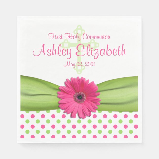 Pink Green Polka Dots First Communion Personalized Napkins (Front)