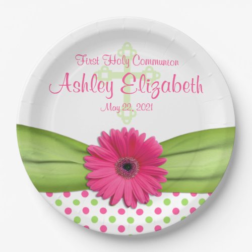 Pink Green Polka Dots First Communion Personalized Paper Plates