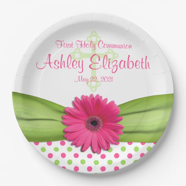 Pink Green Polka Dots First Communion Personalized Paper Plates (Front)