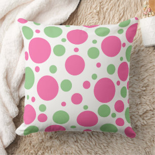 Pink Green Polka Dots Solid Pink Throw Pillow