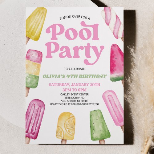 Pink Green Pool Party Popsicle Birthday Party Invitation