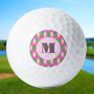 Pink Green preppy argyle custom monogram ladies Golf Balls