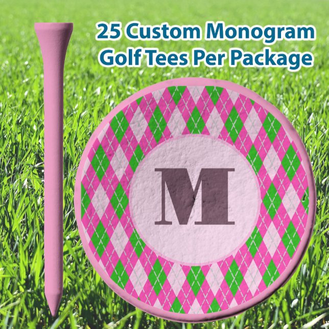 Pink Green preppy argyle custom monogram ladies Golf Tees (Creator Uploaded)