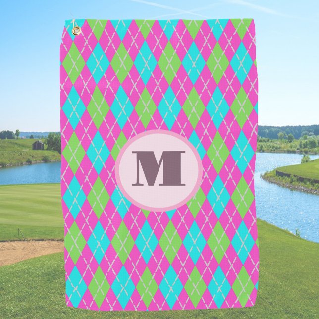 Pink green preppy argyle custom monogram ladies golf towel (Creator Uploaded)