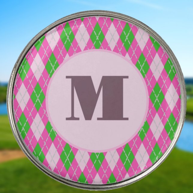 Pink Green preppy argyle custom monogram womens Golf Ball Marker (Creator Uploaded)