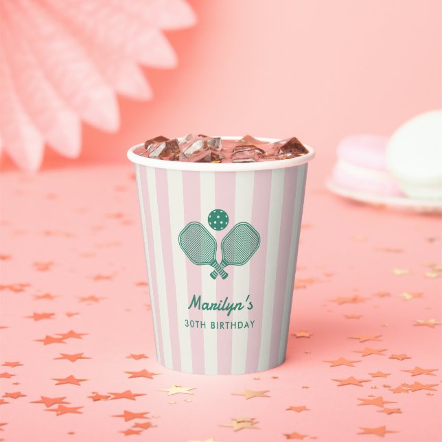 Pink Green Preppy Pickleball Birthday Party Paper Cups (Insitu)
