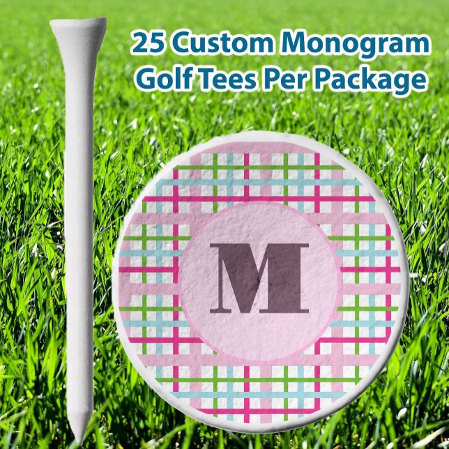 Pink Green preppy plaid custom monogram ladies Golf Tees (Creator Uploaded)
