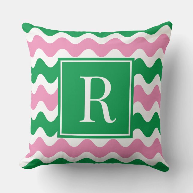 Pink & Green Preppy Ric Rac Stripe Monogram  Throw Pillow (Front)
