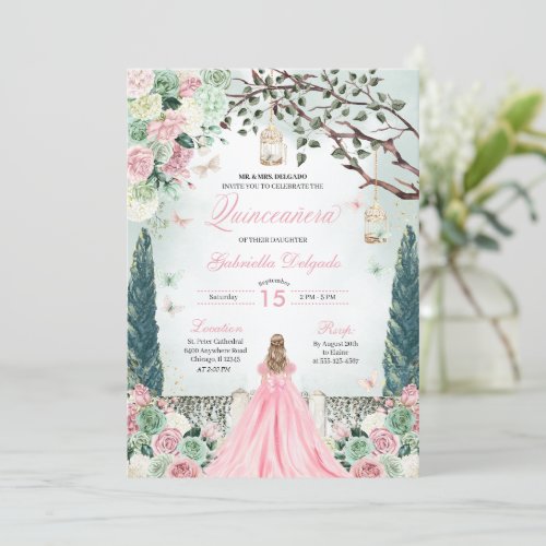 Pink Green Princess Enchanted Garden Quinceanera Invitation