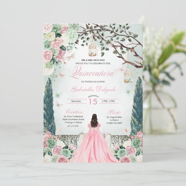 Pink Green Princess Enchanted Garden Quinceanera Invitation (Standing Front)
