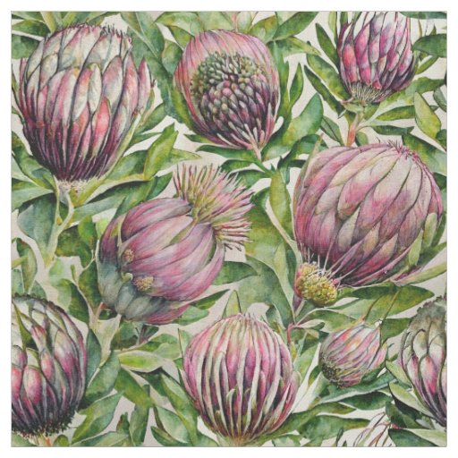 Pink & Green Protea Flowers Pattern Fabric