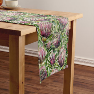 Pink & Green Protea Flowers Pattern Short Table Runner