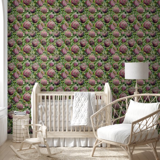 Pink & Green Protea Flowers Pattern Wallpaper (Kids)