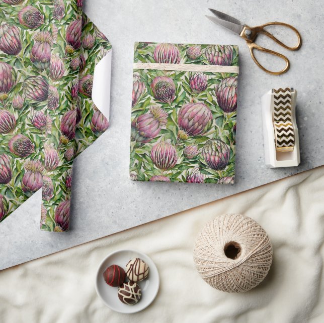 Pink & Green Protea Flowers Pattern Wrapping Paper (Crafts)