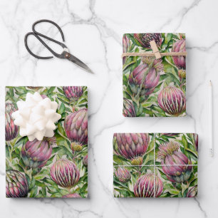 Pink & Green Protea Flowers Pattern Wrapping Paper Sheets