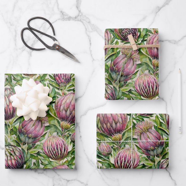 Pink & Green Protea Flowers Pattern Wrapping Paper Sheets (Front)