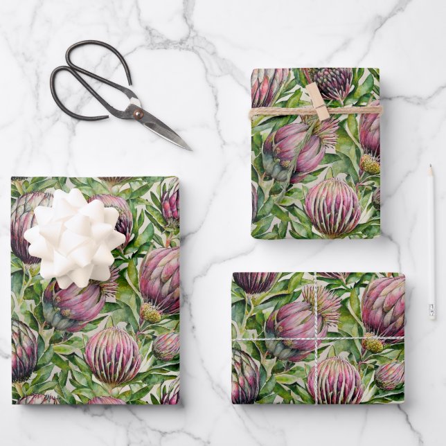 Pink & Green Protea Flowers Pattern Wrapping Paper Sheets (Front)