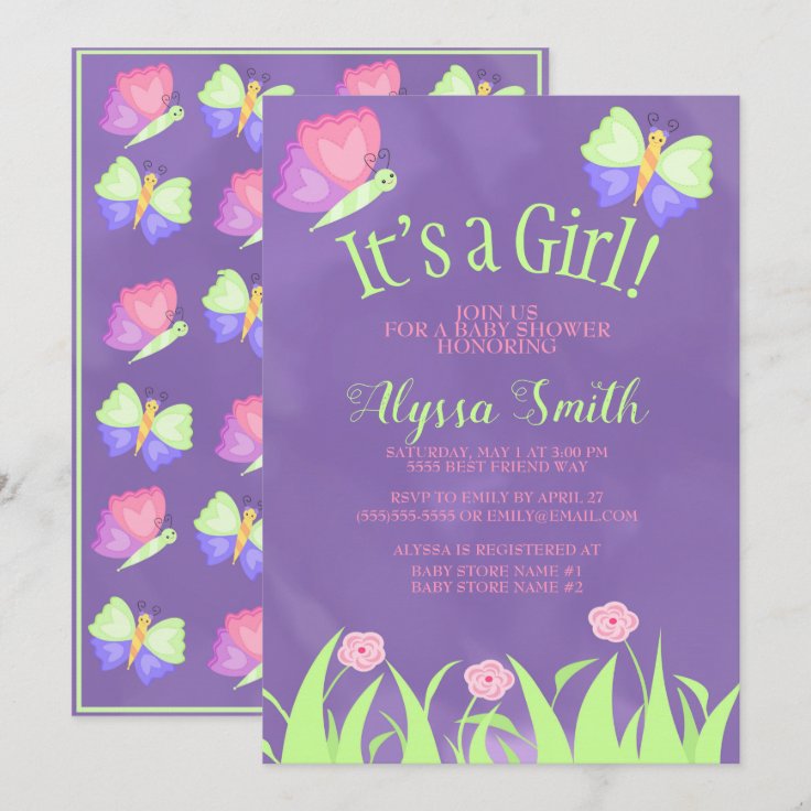Pink Green Purple Butterflies Baby Girl Shower Invitation Zazzle