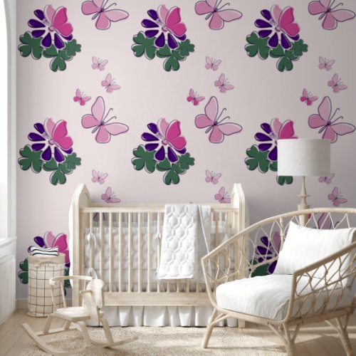 Pink Green Purple Doodle Blooms Butterflies Accent Wallpaper