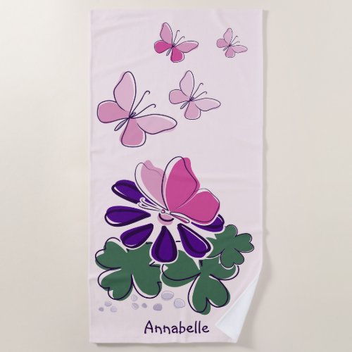 Pink Green Purple Doodle Blooms Butterflies Name Beach Towel