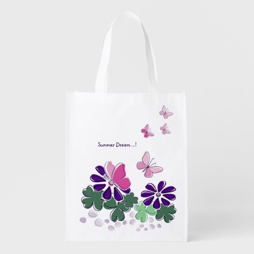 Pink Green Purple Doodle Blooms Butterflies Slogan Grocery Bag