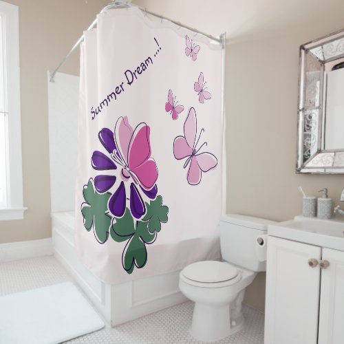 Pink Green Purple Doodle Blooms Butterflies Slogan Shower Curtain