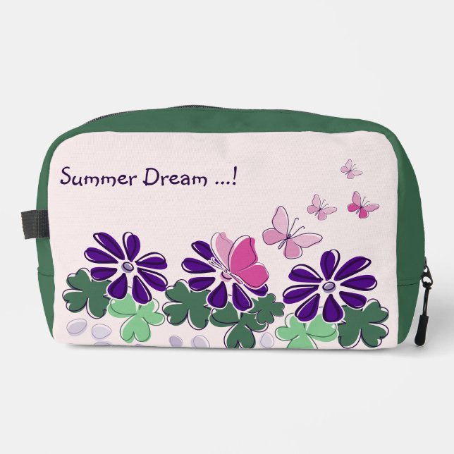 Pink Green Purple Flower Butterflies Doodle Name Dopp Kit (Front)