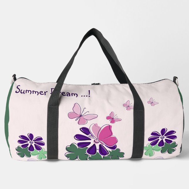 Pink Green Purple Flower Butterflies Doodle Slogan Duffle Bag (Front)