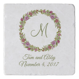 Pink Green Purple Monogram Floral Wreath Trivet