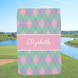 Pink green purple preppy argyle custom name womens golf towel