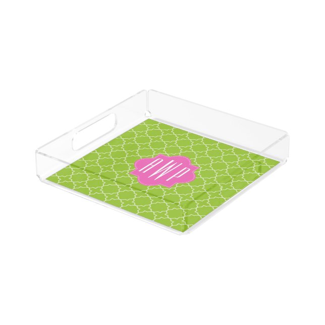 Pink + Green Quatrefoil Monogram Acrylic Tray (Angled)