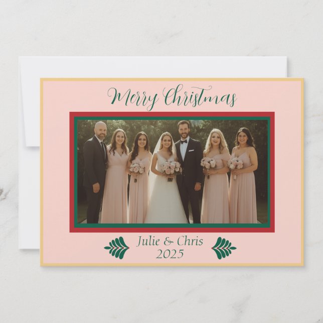 Pink, Green, Red and Gold, modern, wedding Holiday Card (Front)
