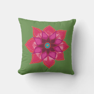 Pink Green Red Red Mandala flower Throw Cushion