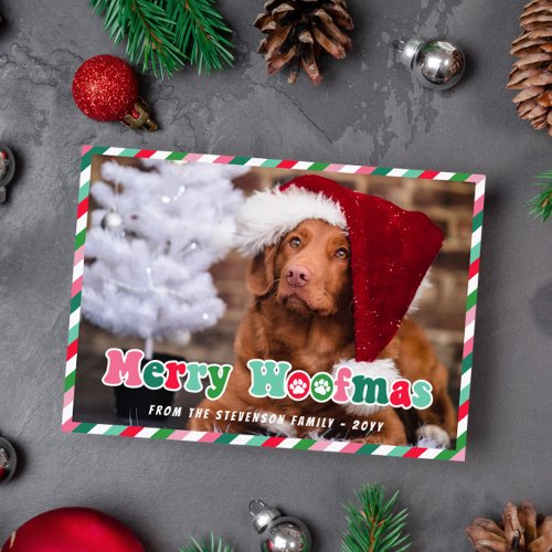 Pink Green Red Retro Merry Woofmas Dog Christmas Holiday Card