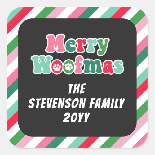 Pink Green Red Retro Merry Woofmas Dog Christmas Square Sticker