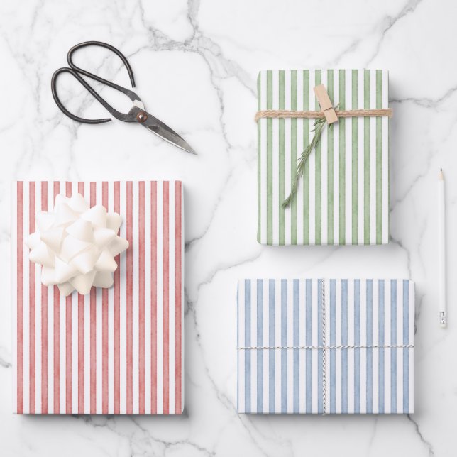 Pink Green Red Stripes Birthday Wrapping Paper Sheets (Front)