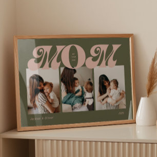 Pink Green Retro Bold Mom 3 Photo Collage Poster