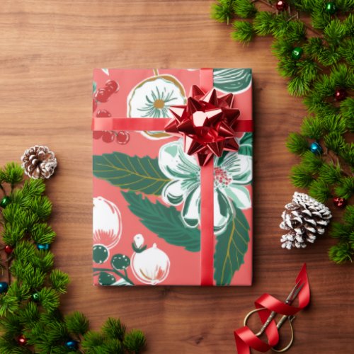 Pink Green Retro Floral Christmas Wrapping Paper