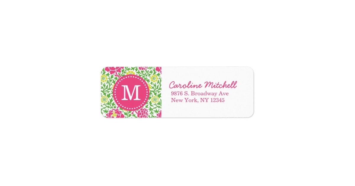 Pink & Green Retro Floral Damask Custom Monogram Label | Zazzle