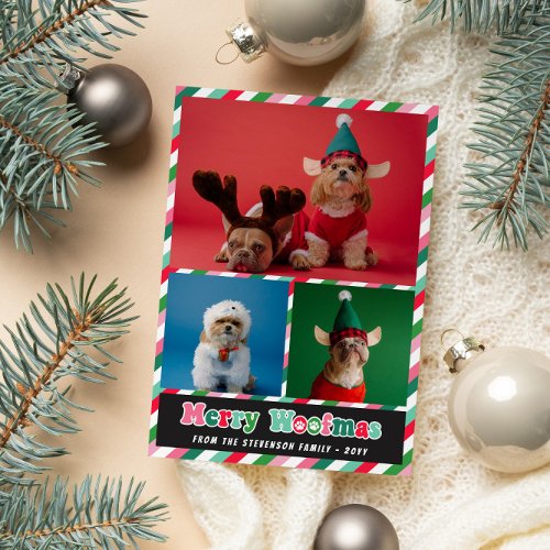 Pink Green Retro Merry Woofmas Photo Collage Holiday Card