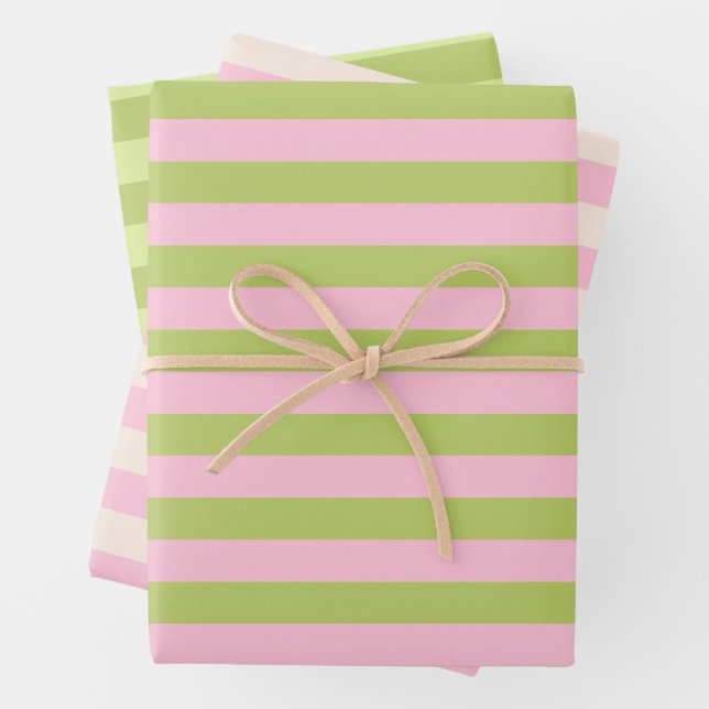 Pink& Green Retro Minimalist Striped Wrapping Paper Sheets (In situ)