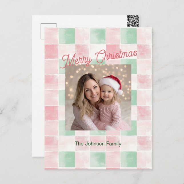 Pink Green Retro Pattern Photo Christmas Postcard (Front/Back)