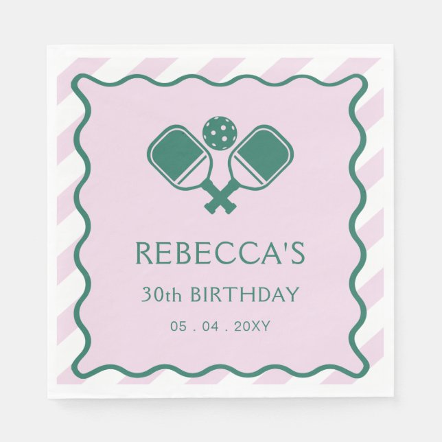 Pink Green Retro Pickleball 30th Birthday Napkins (Front)